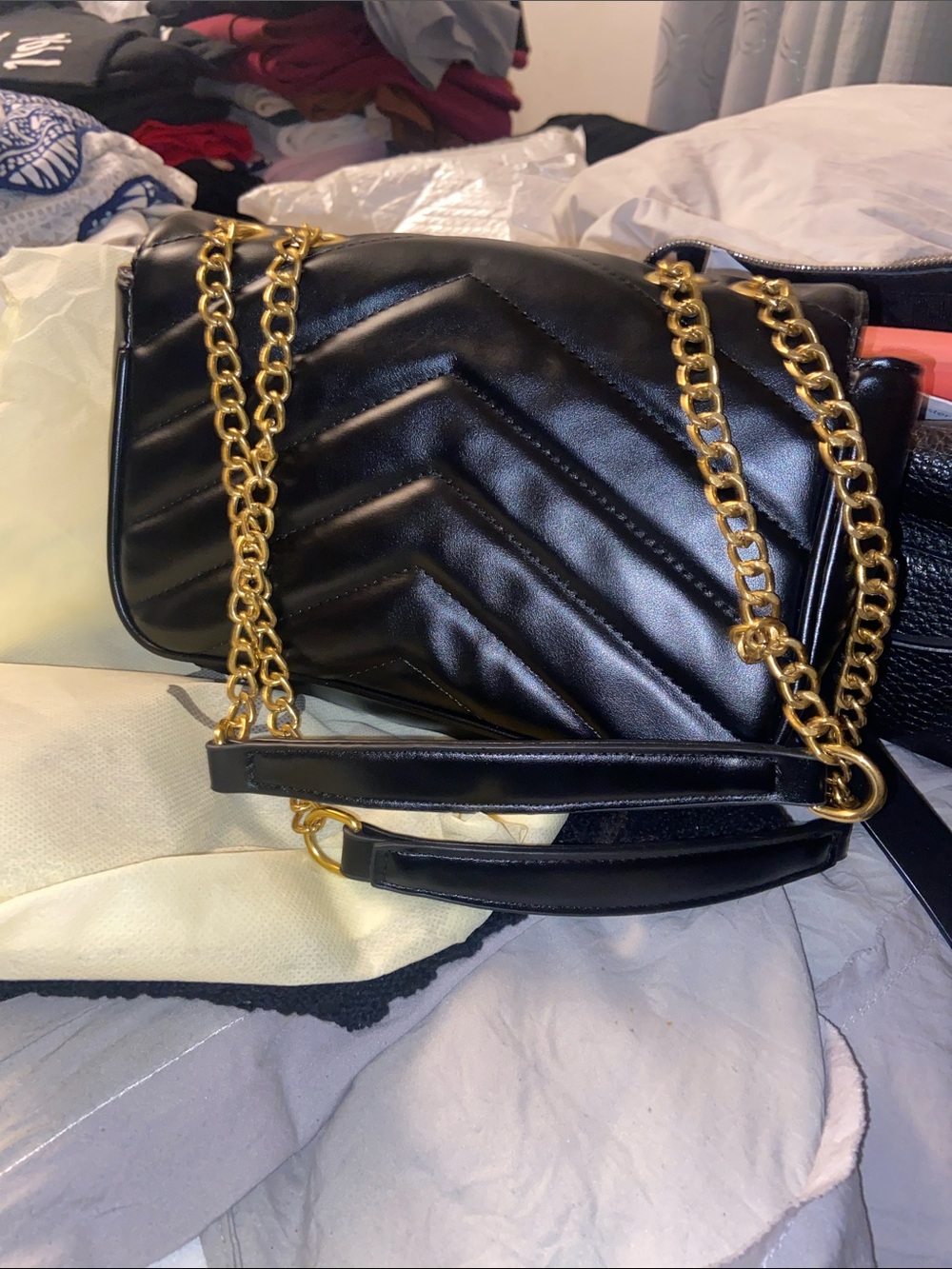 Y.S.L Black Chevron Quilted Leather Shoulder Bag with Gold Chain - Picture 3 of 3